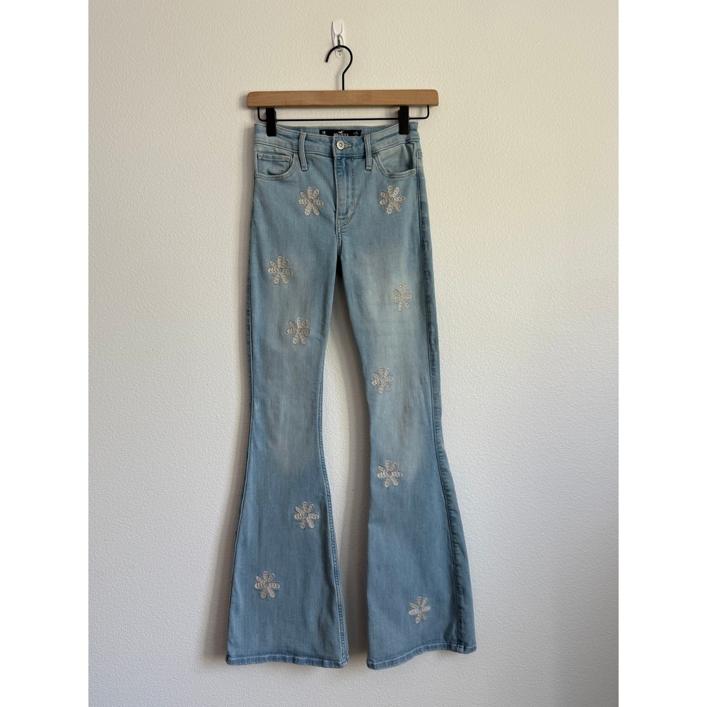 Hollister High Rise Vintage Flare Jeans 25 Boho Daisy Floral Embroidered Y2K